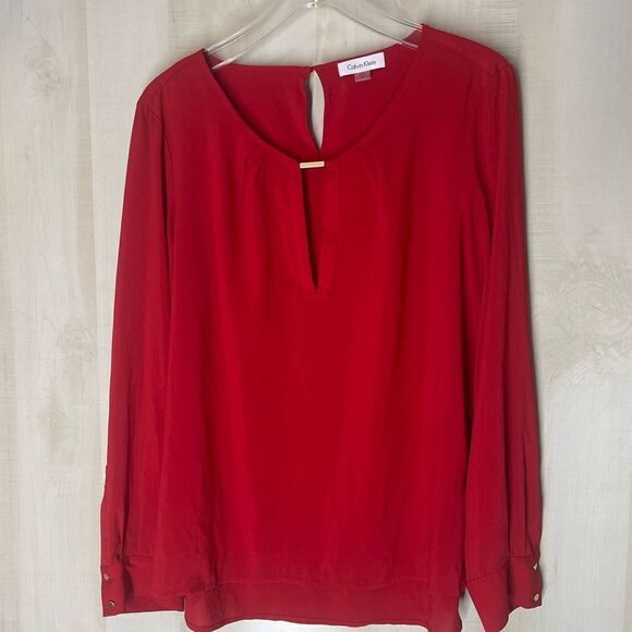 Calvin Klein‎ red long sleeve silk blend blouse, size XL - Picture 1 of 11